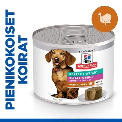 Hill's Science Plan Perfect Weight Small & Mini Adult 1+ with Turkey Mousse -koiran märkäruoka, purkki pienikokoisille koirille, teksti: PIENIKOKOISET KOIRAT