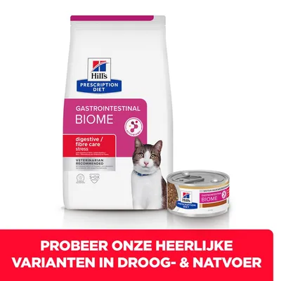 Hill's Prescription Diet Gastrointestinal Biome kattenvoer, droog- en natvoer verpakking zichtbaar. Tekst: Probeer onze heerlijke varianten in droog- & natvoer.