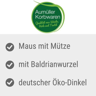 Aumüller Korbwaren. Qualität aus Weide, Holz und Textil. Maus mit Mütze, mit Baldrianwurzel, deutscher Öko-Dinkel.