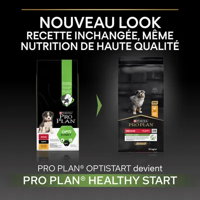 Annonce : PRO PLAN OPTISTART devient PRO PLAN HEALTHY START. Nouveau look, recette inchangée, même nutrition de haute qualité. Sacs visibles : Medium Puppy 12 kg.