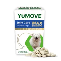Box labelled Joint Care for Senior Dogs Max Strength, 50% stronger, with 120 tasty tablets shown in front of the packaging.