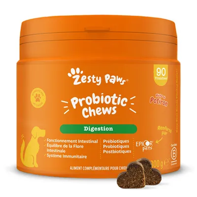 Zesty Paws Probiotic Chews Digestion, 90 friandises, riche en potiron, pour chiens. Fonctionnement intestinal, équilibre de la flore intestinale, système immunitaire. 300 g.