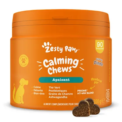 Zesty Paws Calming Chews, 90 friandises apaisantes pour chiens, riche en dinde, avec thé vert, postbiotiques, graine de chanvre, ashwagandha, 300 g. Aliment complémentaire. Zesty Paws Calming Chews, 90 friandises apaisantes pour chiens, riche en dinde, avec thé vert, postbiotiques, graine de chanvre, ashwagandha, 300 g. Aliment complémentaire.