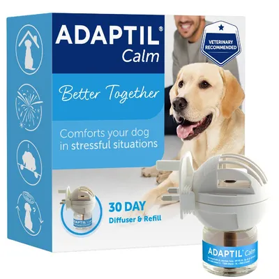 ADAPTIL Calm 30 day diffuser and refill packaging showing 'Comforts your dog in stressful situations', veterinary recommended badge, and product image. ADAPTIL Calm 30 day diffuser and refill packaging showing 'Comforts your dog in stressful situations', veterinary recommended badge, and product image.