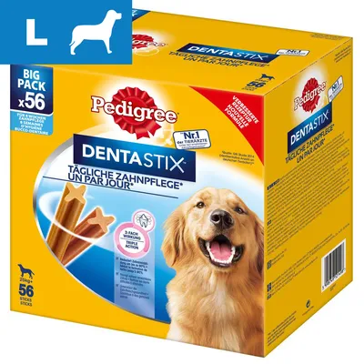 Pedigree Dentastix för stora hundar, 56 st. Förpackning med bild på glad hund och text: Tägliche Zahnpflege, Un par jour, Big Pack x56, 25 kg+. Text på tyska och franska.