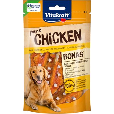 Vitakraft pure Chicken BONAS tyggepinde med kylling og ost, uden tilsat korn og tilsætningsstoffer, 100% magert kyllingekød i kødindholdet, genanvendelig emballage.