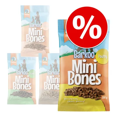Več pakiranj Barkoo Mini Bones, vidne različice Poultry, Salmon in Rumen, vsaka 200 g. Velik rdeč simbol za popust (%).