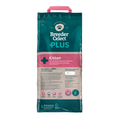 Breeder Celect Plus Kitten litter with natural attractant and probiotics, made from 99% recycled paper. Features icons for odour control, absorption, low dust, and soft texture.