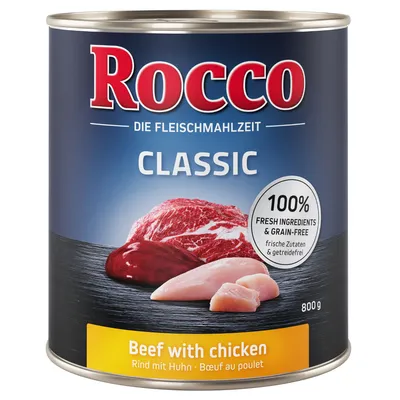 Rocco Classic Beef with chicken, 800 g. 100% fresh ingredients & grain-free. Rind mit Huhn, Bœuf au poulet. Die Fleischmahlzeit. Tuotekuva koiran märkäruokapurkista.