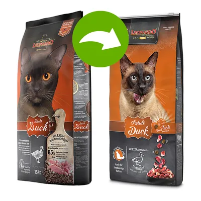 Deux sacs de croquettes pour chat Leonardo Adult Duck, 15 kg, avec illustrations de chats et morceaux de viande, texte visible : 'Mit EXTRA frischem Geflügel', '85 % tierisches Eiweiß', 'Auch für langhaarige Katzen'.