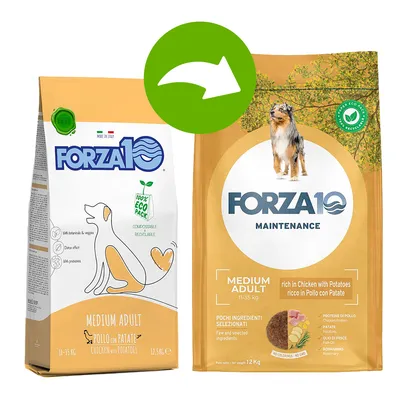 Dvě balení krmiva pro psy FORZA10 Medium Adult 11–35 kg, jedno s nápisem '100% Eco Pack', druhé s textem 'Maintenance' a obrázkem psa. Hmotnost 12,5 kg a 12 kg. Dvě balení krmiva pro psy FORZA10 Medium Adult 11–35 kg, jedno s nápisem '100% Eco Pack', druhé s textem 'Maintenance' a obrázkem psa. Hmotnost 12,5 kg a 12 kg.