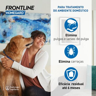 FRONTLINE HOMEGARD inseticida e acaricida em spray para uso doméstico. Elimina pulgas, larvas de pulga e carraças. Eficácia até 6 meses. Boehringer Ingelheim.
