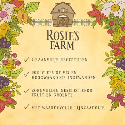 Rosie's Farm. Graanvrije recepturen, 60% vlees of vis en hoogwaardige ingewanden, zorgvuldig geselecteerd fruit en groente, met waardevolle lijnzaadolie.