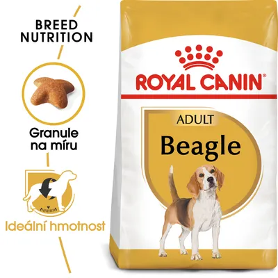 Balení krmiva ROYAL CANIN ADULT Beagle, obrázek psa beagle, texty: Granule na míru, Ideální hmotnost, BREED NUTRITION.
