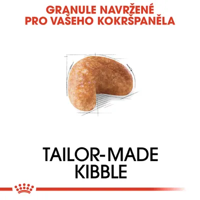 Granule navržené pro vašeho kokršpaněla. TAILOR-MADE KIBBLE. Zobrazení jedné granule s nákresem tvaru.