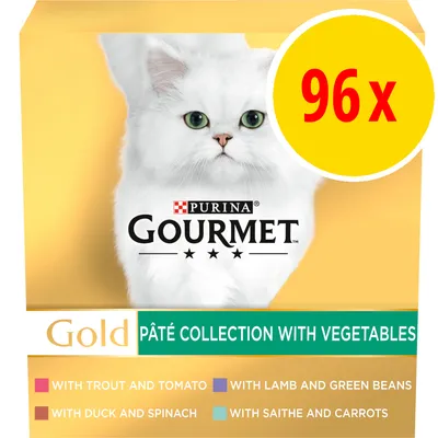 Purina Gourmet Gold pâté collection with vegetables, 96 portions. Includes trout and tomato, lamb and green beans, duck and spinach, saithe and carrots.