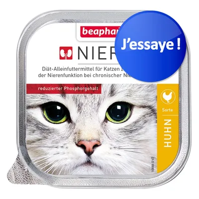 Barquette beaphar NIER, étiquette jaune avec pictogramme poulet et texte « HUHN », pastille bleue « J’essaie ! » visible sur l’emballage.