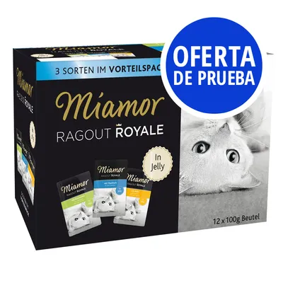 Caja de Miamor Ragout Royale In Jelly, 12 x 100 g, con imagen de gato y sobres variados. Texto visible: 'OFERTA DE PRUEBA'.