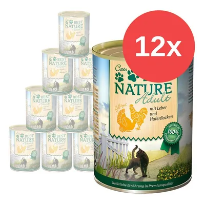 12× konzervy Cat's Best Nature Adult, text na obalu: mit Leber und Haferflocken, 100 % natürliche Zusammensetzung, obrázek kočky a kuřete