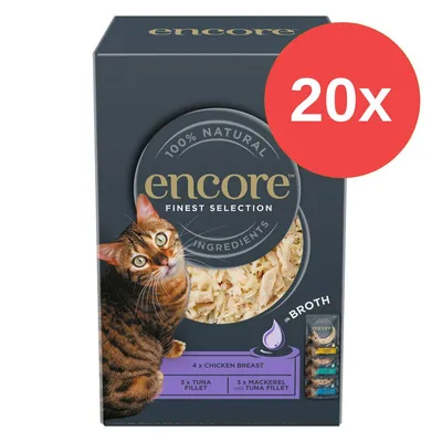 Balení encore Finest Selection 20x, 100% natural ingredients, 4× chicken breast, 3× tuna fillet, 3× mackerel with tuna fillet, obrázek kočky na obalu.
