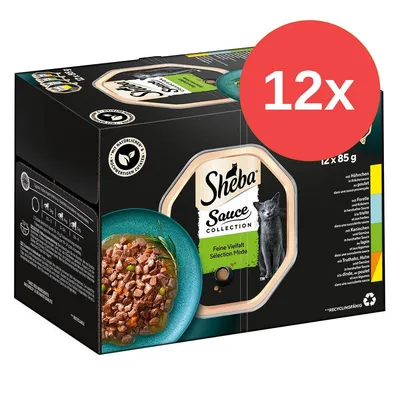 Sheba Sauce Collection Feine Vielfalt Sélection Mixte, balení 12×85 g. Na obalu miska s kousky masa v omáčce a obrázek kočky. Sheba Sauce Collection Feine Vielfalt Sélection Mixte, balení 12×85 g. Na obalu miska s kousky masa v omáčce a obrázek kočky.