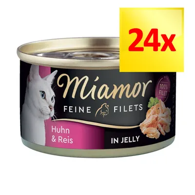 Miamor Feine Filets Huhn & Reis w galarecie, 100% filet, opakowanie 24x. Widoczny biały kot i kawałki mięsa na etykiecie.