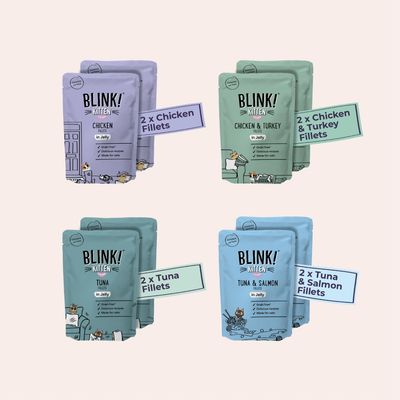 Four packs of Blink! Kitten fillets in jelly: 2 x Chicken, 2 x Chicken & Turkey, 2 x Tuna, and 2 x Tuna & Salmon. Each pack is labelled with its flavour and quantity.