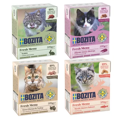 Lot Mixte Bozita Tetra Bouchées pour chat 48 x 370 g - lot mixte 2 en sauce : poulet & dinde, lapin, saumon, crevette Lot Mixte Bozita Tetra Bouchées pour chat 48 x 370 g - lot mixte 2 en sauce : poulet & dinde, lapin, saumon, crevette