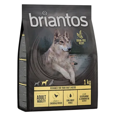 Briantos 1 kg, recette sans céréales, Adult Mobility, riche en poulet et pomme de terre, croquettes semi-humides, avec glucosamine et chondroïtine sulfate. Texte en anglais visible.