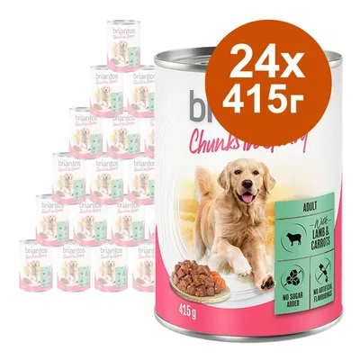 24 консерви Briantos Chunks in Gravy за кучета, агнешко и моркови, 415 г. Видими са иконки: без добавена захар, без изкуствени аромати, подходящо за възрастни кучета.