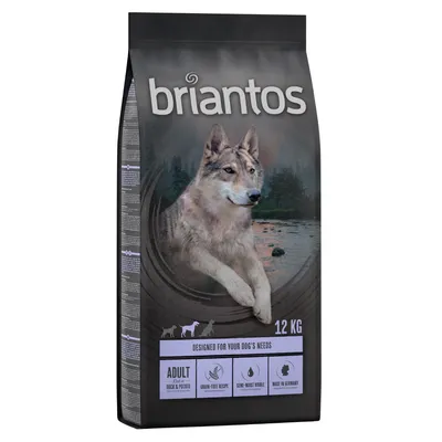 Briantos Adult Duck & Potato, 12 kg. Gabonamentes receptúra, félnedves száraztáp, Németországban készült. Kutyák igényeire tervezve.