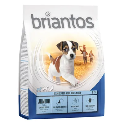 Briantos Junior Chicken & Rice, pienso para perros jóvenes, 1 kg. Texto visible: for controlled growth, high tolerance, made in Germany. Imagen de perro y familia en el envase. Briantos Junior Chicken & Rice, pienso para perros jóvenes, 1 kg. Texto visible: for controlled growth, high tolerance, made in Germany. Imagen de perro y familia en el envase.