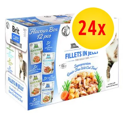 Brit Care Fillets in Jelly per gatti adulti, confezione da 24x bustine assortite, visibili vari gusti e scritta 'Superpremium Grain-Free Wet Cat Food'.