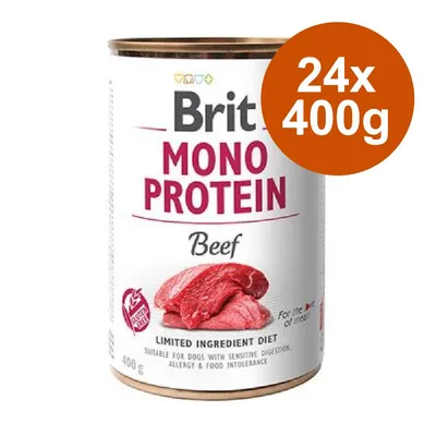 Brit Mono Protein Beef, confezione da 24x400g. Testo visibile: Limited Ingredient Diet, 400 g. Immagine di carne sulla lattina.