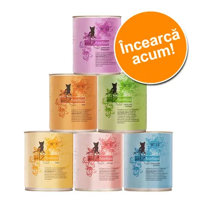 6 conserve catz finefood pentru pisici, sortimente diferite: N° 3 Geflügel, N° 5 Lachs und Geflügel, N° 7 Kalb, N° 9 Wild, N° 11 Lamm und Kaninchen, N° 13 Hering und Krebs. Text: Încearcă acum!