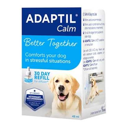 Adaptil Calm 30 day refill for diffuser, comforts your dog in stressful situations, veterinary recommended and clinically proven, 48 ml pack with usage instructions visible. Adaptil Calm 30 day refill for diffuser, comforts your dog in stressful situations, veterinary recommended and clinically proven, 48 ml pack with usage instructions visible.