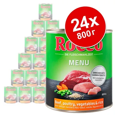 Rocco MENU, 24×800 г консерви. Видими съставки: говеждо, птиче месо, зеленчуци и ориз. Текст на английски: Beef, poultry, vegetables & rice. Надпис: Enriched with carbohydrates.