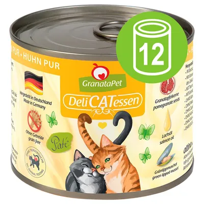 GranataPet DeliCATessen kattmat burk, Huhn Pur. Text: Made in Germany, grain free, no animal testing, paté, granatäpplekärnor, laxolja, grönläppad mussla. 12-pack symbol.