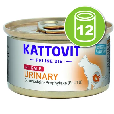 Kattovit Feline Diet Urinary mit Kalb, Struvitstein-Prophylaxe (FLUTD), boîte de pâtée pour chat, lot de 12. Texte en allemand visible sur l’étiquette. Kattovit Feline Diet Urinary mit Kalb, Struvitstein-Prophylaxe (FLUTD), boîte de pâtée pour chat, lot de 12. Texte en allemand visible sur l’étiquette.