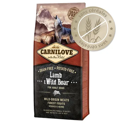 Carnilove into the Wild Lamb & Wild Boar pour chiens adultes, sans céréales, sans pommes de terre, viandes d’origine sauvage, fruits des bois, légumes et herbes. Texte en anglais.