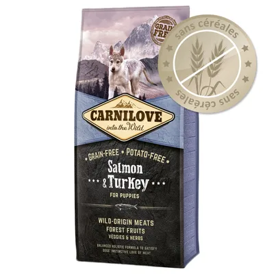 Sac Carnilove into the Wild pour chiots, Salmon & Turkey, sans céréales, sans pommes de terre, viandes d’origine sauvage, fruits des bois, légumes et herbes. Badge « sans céréales ». Sac Carnilove into the Wild pour chiots, Salmon & Turkey, sans céréales, sans pommes de terre, viandes d’origine sauvage, fruits des bois, légumes et herbes. Badge « sans céréales ».