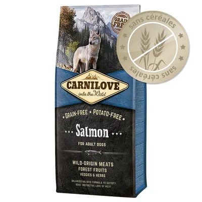 Sac Carnilove into the Wild pour chiens adultes, Salmon, sans céréales, sans pommes de terre, viandes d’origine sauvage, fruits des bois, légumes et herbes. Badge « sans céréales ». Sac Carnilove into the Wild pour chiens adultes, Salmon, sans céréales, sans pommes de terre, viandes d’origine sauvage, fruits des bois, légumes et herbes. Badge « sans céréales ».