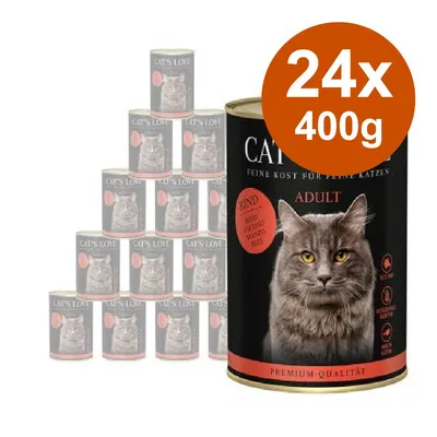 Cat's Love Adult, confezione 24x400g, immagine di lattine con gatto sull'etichetta e testo 'Premium Qualität', visibile scritta 'Rind' su etichetta rossa. Cat's Love Adult, confezione 24x400g, immagine di lattine con gatto sull'etichetta e testo 'Premium Qualität', visibile scritta 'Rind' su etichetta rossa.
