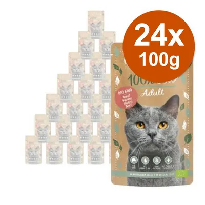 Confezione da 24 bustine da 100 g di alimento per gatti adulti, marchio 100% Bio, gusto manzo, con immagine di un gatto grigio sulla confezione e testo 'BIO RIND' visibile. Confezione da 24 bustine da 100 g di alimento per gatti adulti, marchio 100% Bio, gusto manzo, con immagine di un gatto grigio sulla confezione e testo 'BIO RIND' visibile.