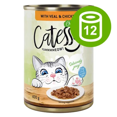 Catess Nassfutter mit Kalb und Huhn, 400g Dose, ohne Zuckerzusatz, servierfertige Portion. Packungseinheit: 12 Dosen. Catess Nassfutter mit Kalb und Huhn, 400g Dose, ohne Zuckerzusatz, servierfertige Portion. Packungseinheit: 12 Dosen.