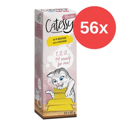 Catessy Mousse 14 x mousse with chicken, paquete de 14 x 90 g. Texto visible: '1, 2, 3,... 14 meals for me!'. Paquete múltiple indicado con círculo rojo y texto '56x'. Catessy Mousse 14 x mousse with chicken, paquete de 14 x 90 g. Texto visible: '1, 2, 3,... 14 meals for me!'. Paquete múltiple indicado con círculo rojo y texto '56x'.