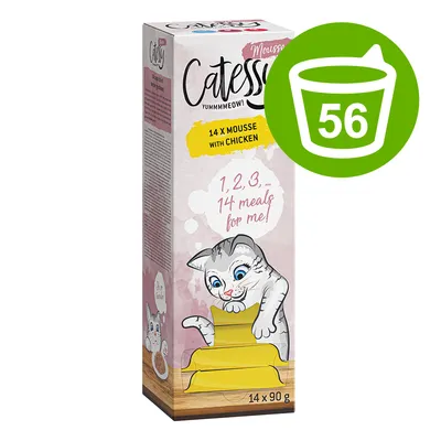 Box showing 14 mousse with chicken portions, 14 x 90g. Text: '1, 2, 3... 14 meals for me!' Green icon displays number 56 in a bowl symbol.