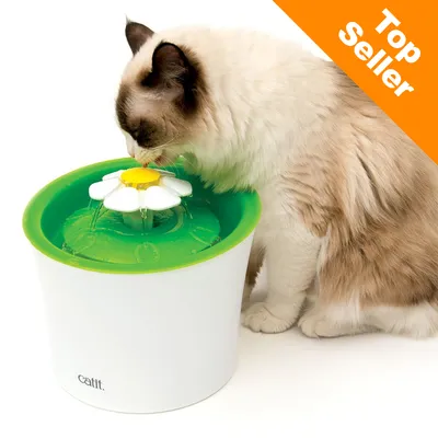Kat drikker af Catit vandspring med grøn og hvid blomstertop. Orange hjørnefelt med teksten 'Top Seller'.