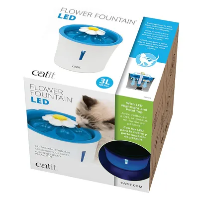 Cat drinking fountain with LED nightlight and petal top, 3 litre capacity. Image shows product features and a cat using the fountain.