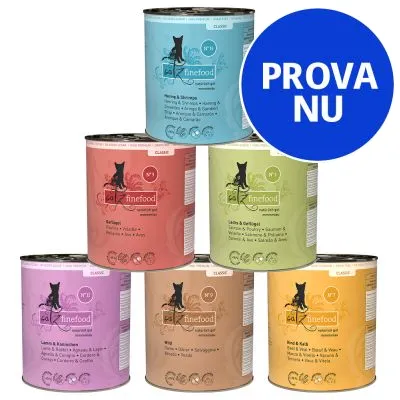 Sex burkar med kattmat av märket Catz Finefood Classic i olika smaker. Blå cirkel med texten PROVA NU.